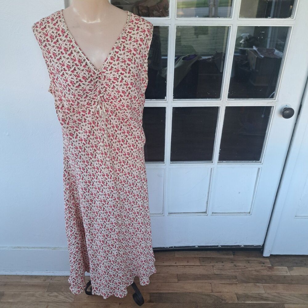 April Cornell 90's Y2k Large Floral Maxi Cinched Tie Dress Cottage Core FLAWED